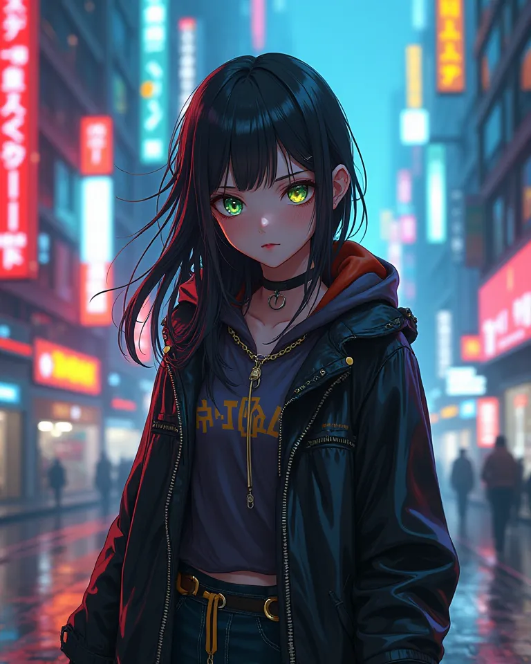 a 20 year old girl,badass style,anime trait,eyes with the iris half in the technological colors green and yellow,long hair and fringe on the forehead,futuristic environment, super detailed ,Photorealistic,vibrant colors,lighting effects,cyberpunk scene,wal...