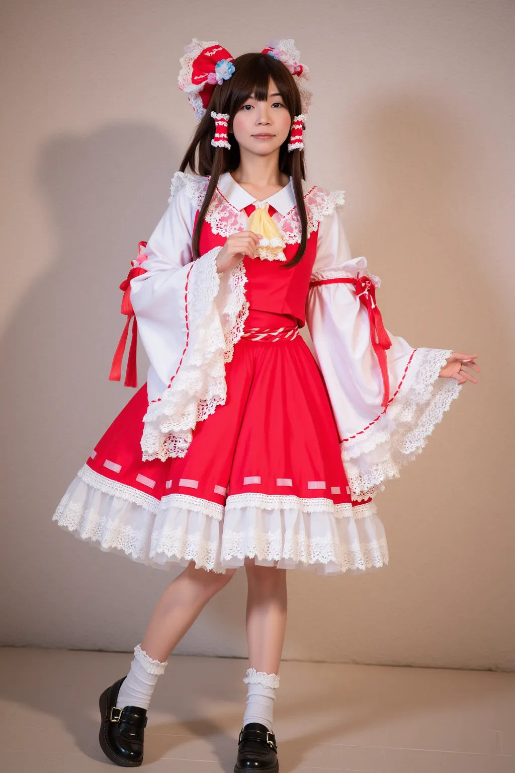 pretty girl, solo, A realistic photo of a slender beautiful woman dressed in cyb-hakureireimu cosplay costume. She is also wearing and white frilled socks and black shoes. She has long black hair with sidelocks and hair bow and hair flower and hair ornamen...