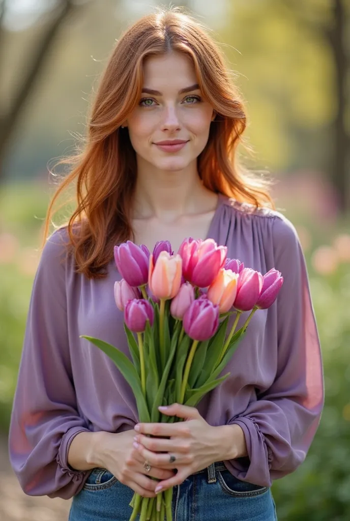 Pretty girl wearing a purple blouse, jeans, holding a bouquet of tulips