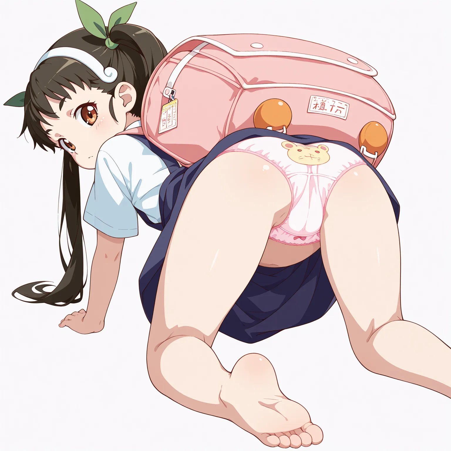 masterpiece, illustration, (stylized:1.4), (simplified:1.4), (smooth:1.4), official style, back view, panty focus, simple background, white background, hachikuji mayoi \(bakemonogatari\), toddler, solo, all fours, business shirt, jumper dress, cute panties...