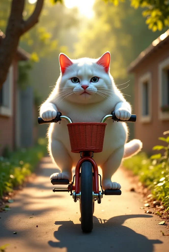 agora, The realistic fat white cat is pedaling a bike adapted to its size, with the fish basket attached to the handlebar. His front legs hold the handlebars firmly, while the rear ones push the pedals. His gaze is focused on the road ahead, and their expr...