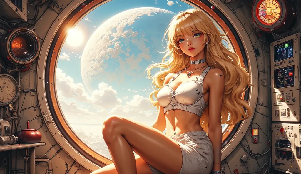 Anime woman Blonde, ((medium distance shot)) sitting on space ship, white bikini latex, ((show abdomen)), ((show shoulders)) , ((show legs)), indoor of space ship control ((female pose)),In the window you can see the planet Mars contrast of light and dark ...