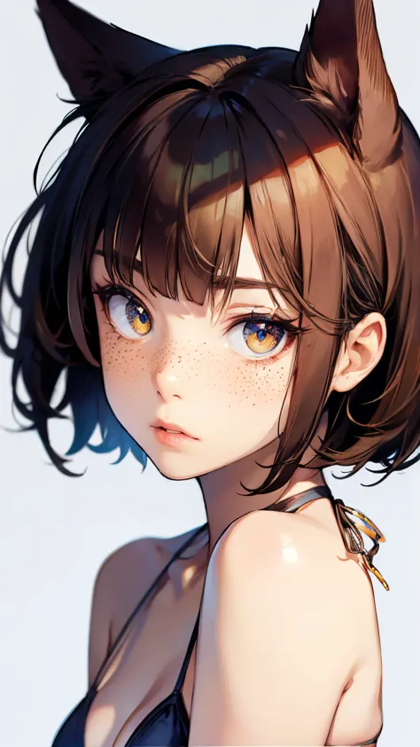 {high definition image}, korean cat girl, cat ears, short hair (pixie cut), pointed nose, thin lips, busty, freckles on the face, wearing a mini bikini, looking at the viewer with a neutral expression, {centered image}, {close up on face}, {just face and c...