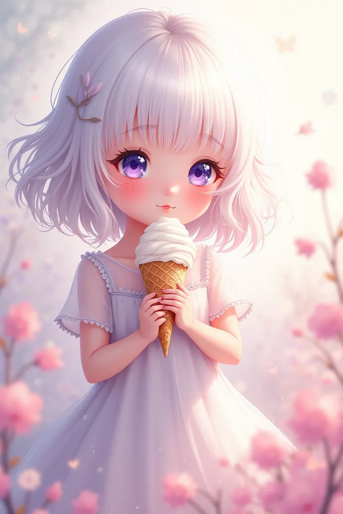 Cute loli girl white hair purple eyes eating ice cream