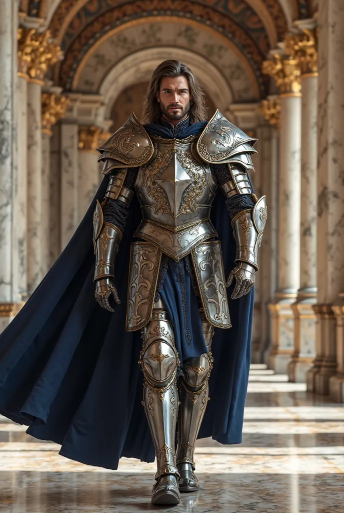 Warrior prince in stately and detailed armor with voluminous navy blue cape walking in his palace. Handsome and strong man with shoulder-length hair and short beard. ultra realistic, 8k.