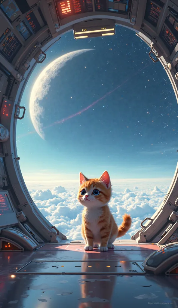 animetd small pretty cute cat at the spaceship going to the moon