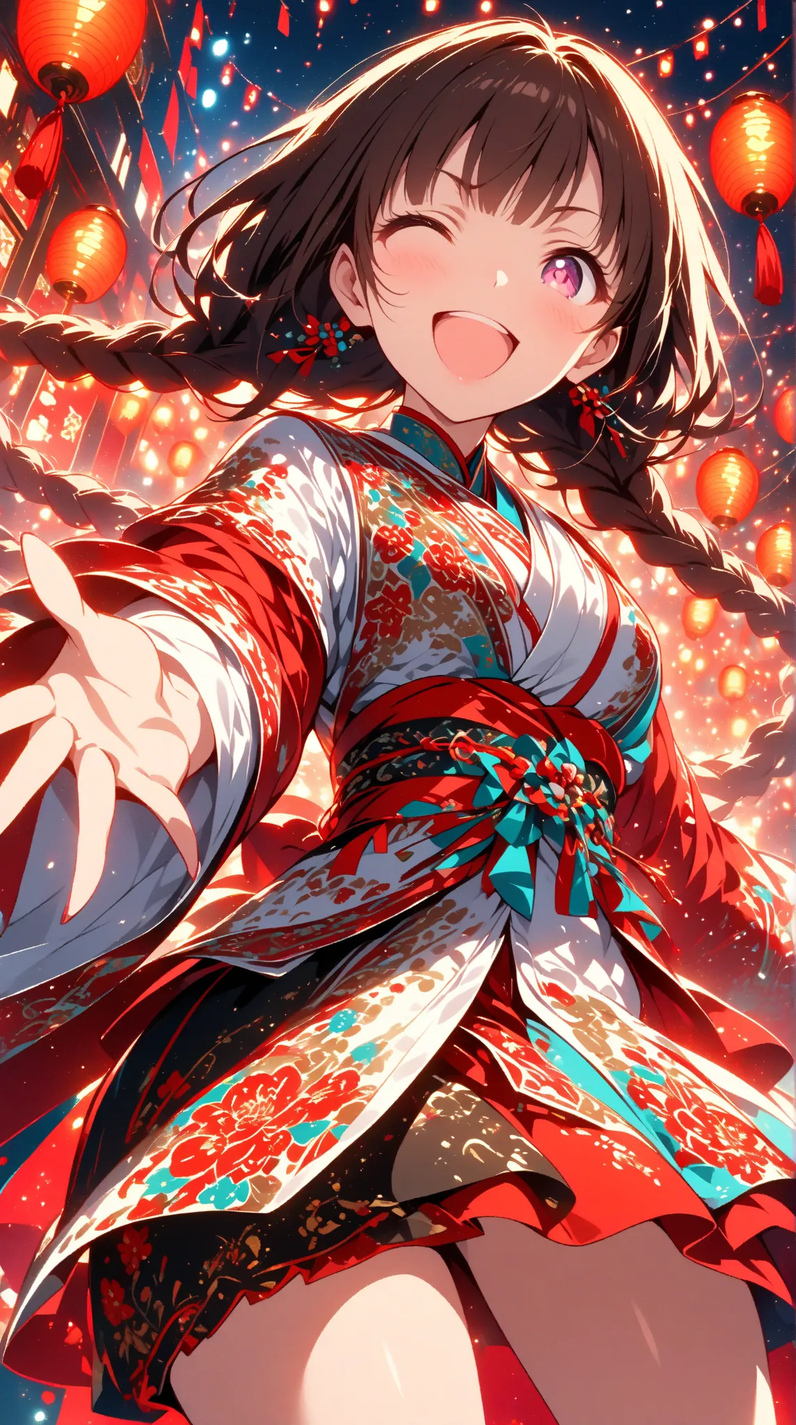 Anime style illustration of a age girl, likely Asian, wearing a vibrant traditional Asian-inspired outfit.  Smiling expression and joyful mood.  Girl is depicted from mid-thigh up, with a dynamic pose.  Her dark brown hair is styled in loose braids with fl...