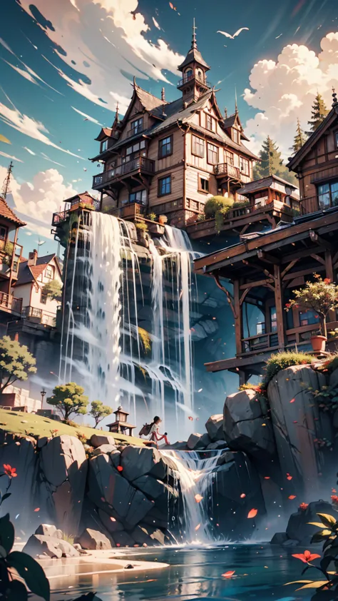 Picture of a waterfall in a mountainous area and the house at its top, Vertical wallpaper, 4 k Vertical wallpaper, 4k Vertical wallpaper, 8 k Vertical wallpaper, 8k Vertical wallpaper,  Ross Tran. Landscape Background,  beautiful matte paint , 4K Matte Pai...