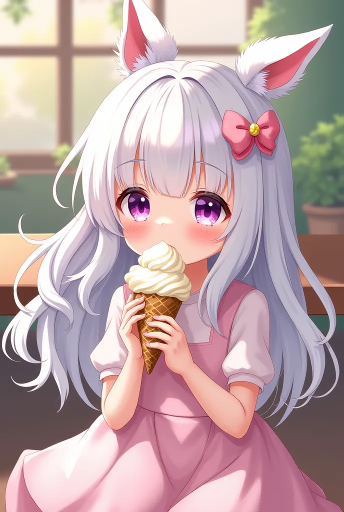 Cute loli girl white hair purple eyes eating ice cream anime