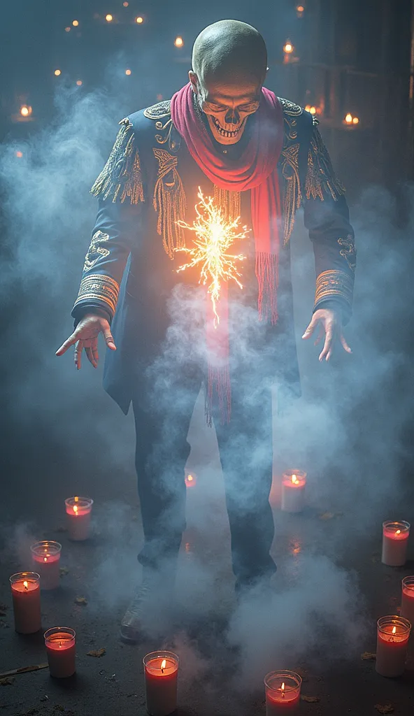 A cinematic image of Exu Caveira dancing amidst blue and red flames, surrounded by a circle of candles. He wears a dark suit embroidered with gold details and a vibrant red scarf. His skeletal skull shines with fire reflections,  highlighting realistic tex...