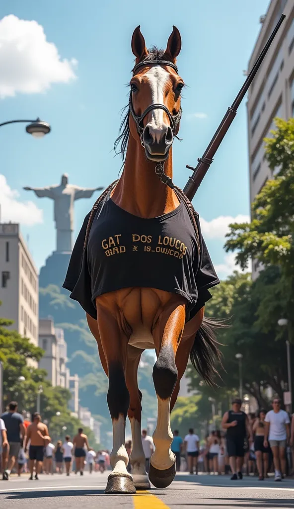 Create an image of a muscular, anthropomorphic horse walking proudly towards the camera, wearing a black shirt with the words 'GAT DOS LOUCOS' written in gold. The horse is holding a long rifle in his hand, walking through the streets of Rio de Janeiro, wi...