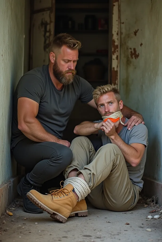 A nordic man with trimmed beard and short hair dressing black Asics running shoes, collar pants and t-shirt has tied up a blond man wearing light brown Timberland boots, collar pants and t-shirt and with bristle. The blond man is sitting tied up in abandon...