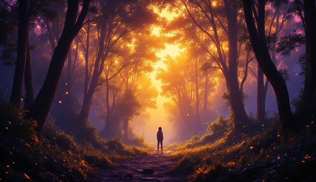 ,  (colors: purple, yellow, blue, green, orange, black)

A dramatic sunrise scene featuring a solitary figure standing in a lush forest, illuminated by radiant beams of sunlight. The background includes numerous pine trees bathed in warm oranges and yellow...