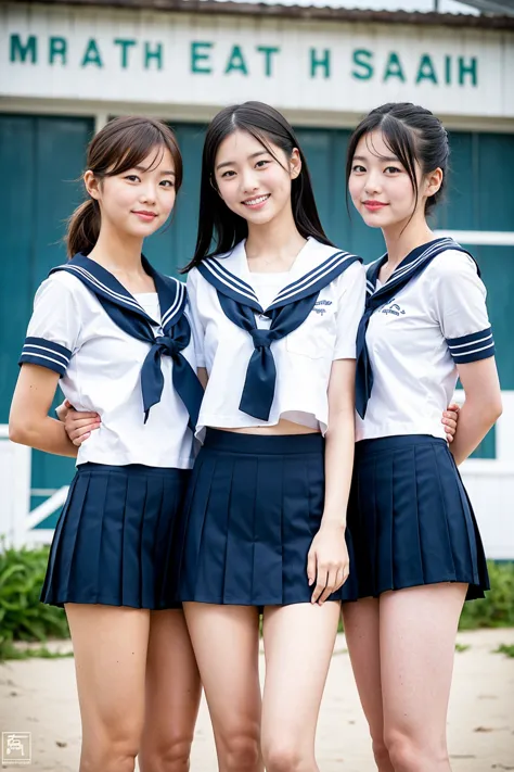 Three girls standing on the beach at a rural school,sailor suit,,bungs,small smiles,thighs,Knee, short black hair tied in a low position,from below, Front Light