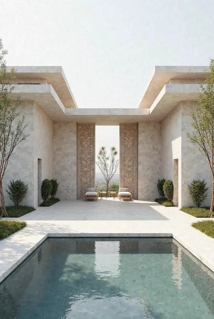 A large, modern, minimalist mansion crafted from smooth, light-colored stone. The architecture features strong horizontal lines with multiple rectangular roof planes that appear to float above the structure. Two tall, narrow entrance doors with intricate g...