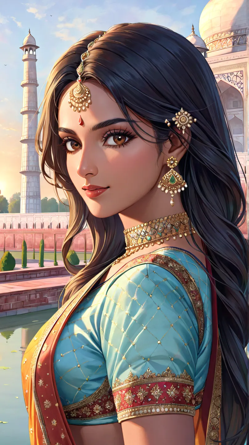 (Extreme close-up, Face-focused portrait)A breathtaking Indian woman in an intricately embroidered sari, standing before the Taj Mahal in Agra, India. Her face is softly lit by the golden morning light, casting a glow on her serene and mesmerizing expressi...