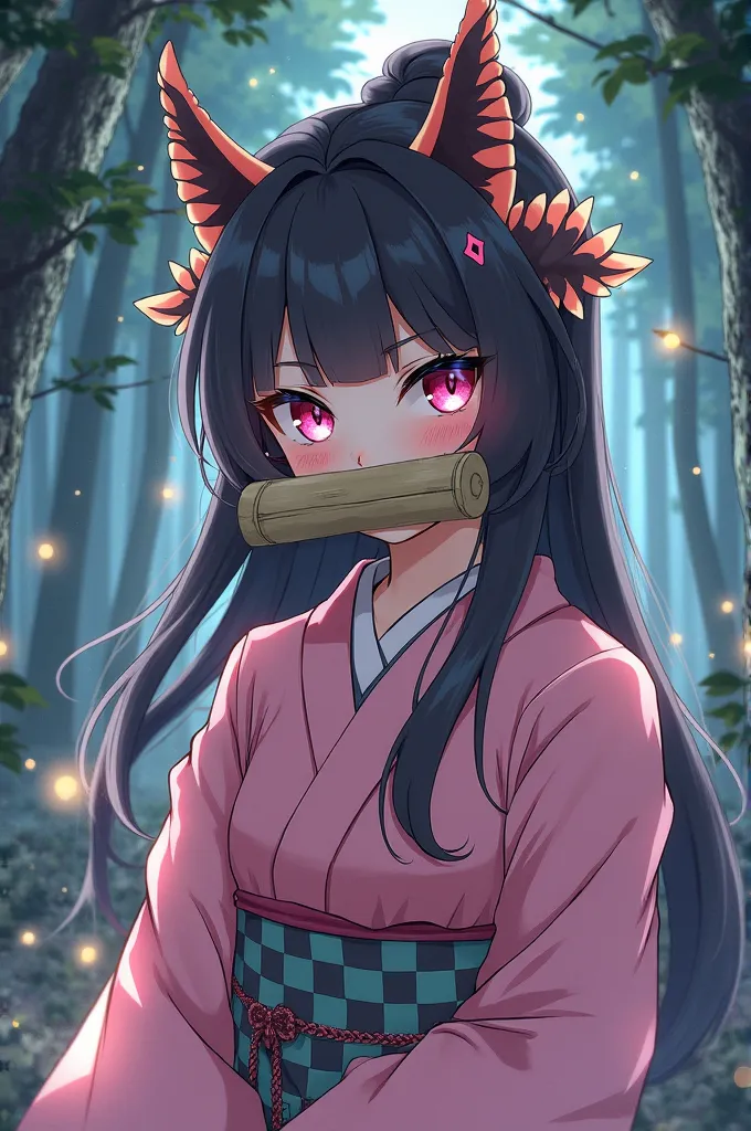 "A beautiful anime-style illustration of Nezuko Kamado from Demon Slayer. She has pink eyes, long black hair with orange tips, and wears a pink kimono with a checkered obi. A bamboo muzzle is in her mouth, and she has a gentle yet fierce expression. The ba...