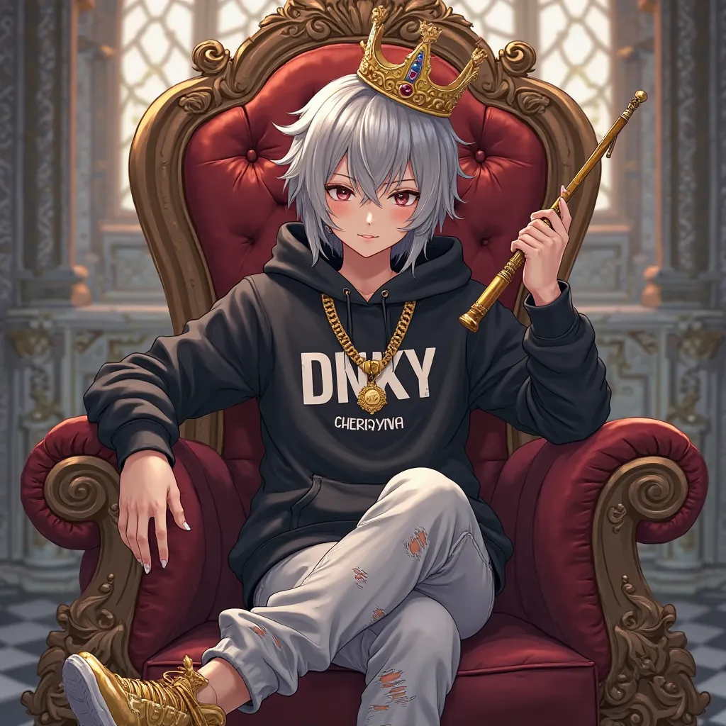 Buat gambar anime seorang wanita anime cantik berusia 21 tahun yang duduk seperti raja di kursi raja kecil, The background has a Large 3D Word "DNKY" in the back of the chair and in a castle that has lot of knights background and the anime guy has a silver...