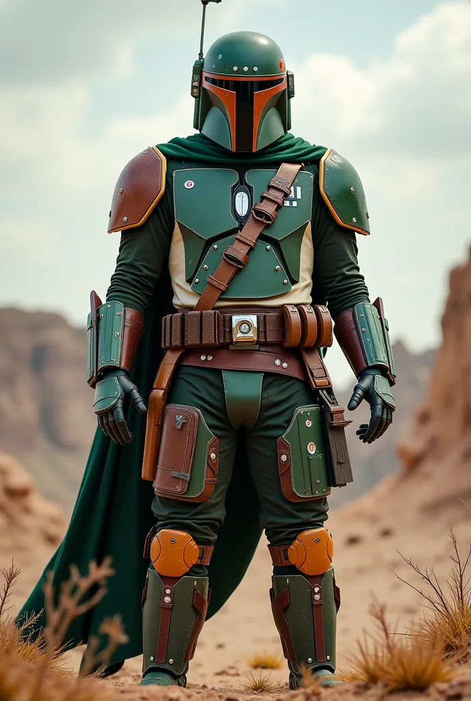 Green mandalorian with hunting trophies at the waist and the armor with brown details