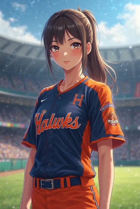 Female character wearing a SoftBank Hawks uniform