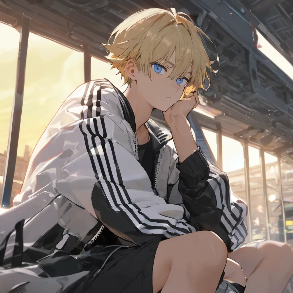 1 adult man, blonde short hair, black and white adidas jacket, blue eyes, 