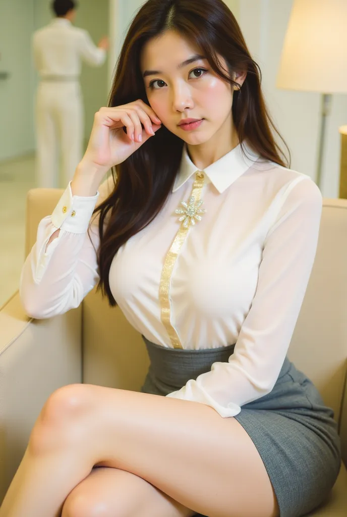 a young woman seated on a light-colored chair in an indoor setting, likely an office or lounge. She has long, dark hair styled neatly, and her expression is poised and confident. She is dressed in a professional yet stylish outfit, consisting of a white bl...