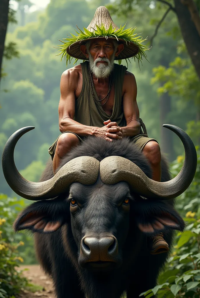 old man in leaf hat sits on buffalo