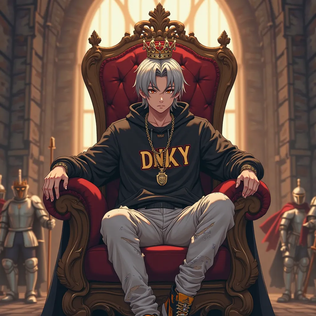 Buat gambar anime seorang wanita anime cantik berusia 21 tahun yang duduk seperti raja di kursi raja kecil, The background has a Large 3D Word "DNKY" in the back of the chair and in a castle that has lot of knights background and the anime guy has a silver...