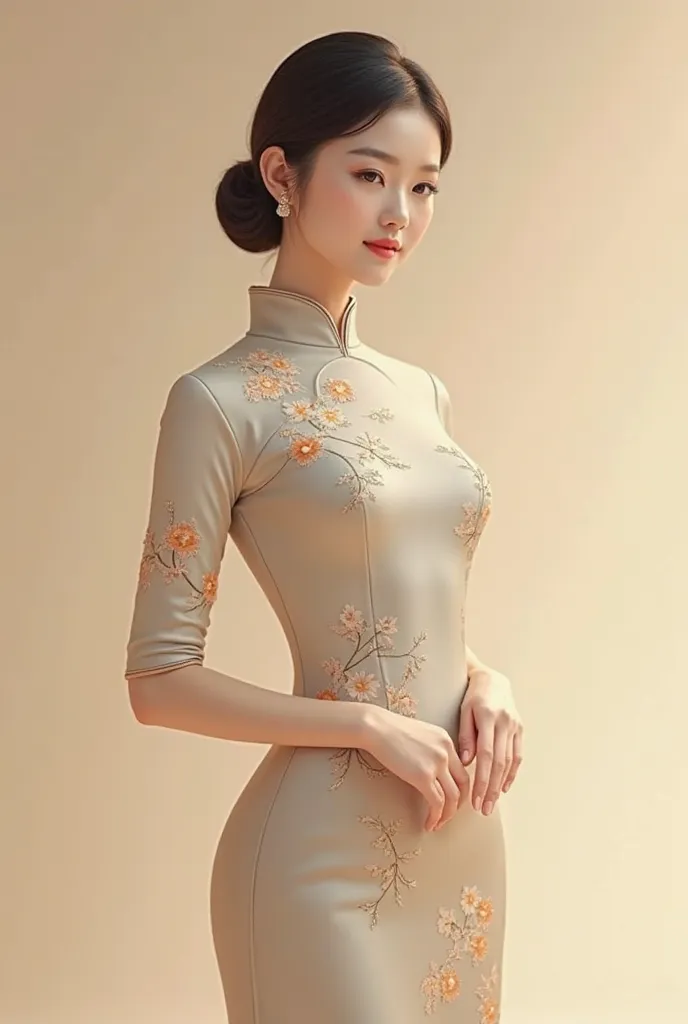 Generate an image of a woman wearing a traditional qipao dress, the neutral beige background