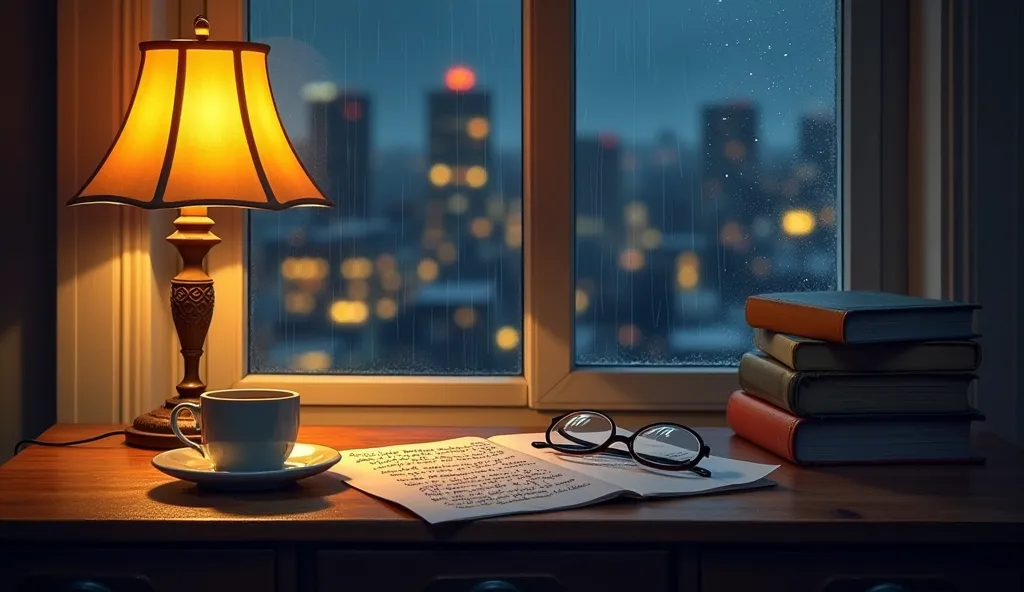 "Emotional and romantic scene: night cityscape with a view of the apartment window. Inside the room there is a table, on which there is a letter, filled with words about love. Nearby is a cup of coffee, already cold, and glasses, lying on a stack of books....