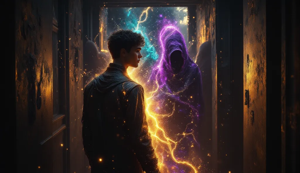 ,  In a narrow, dimly lit hallway, a young man stands staring at three cloaked figures that loom in the distance. A colorful glow emerging from his chest  Ethereal particles float in the air, enhancing the mystical atmosphere of the scene.  Style keywords ...