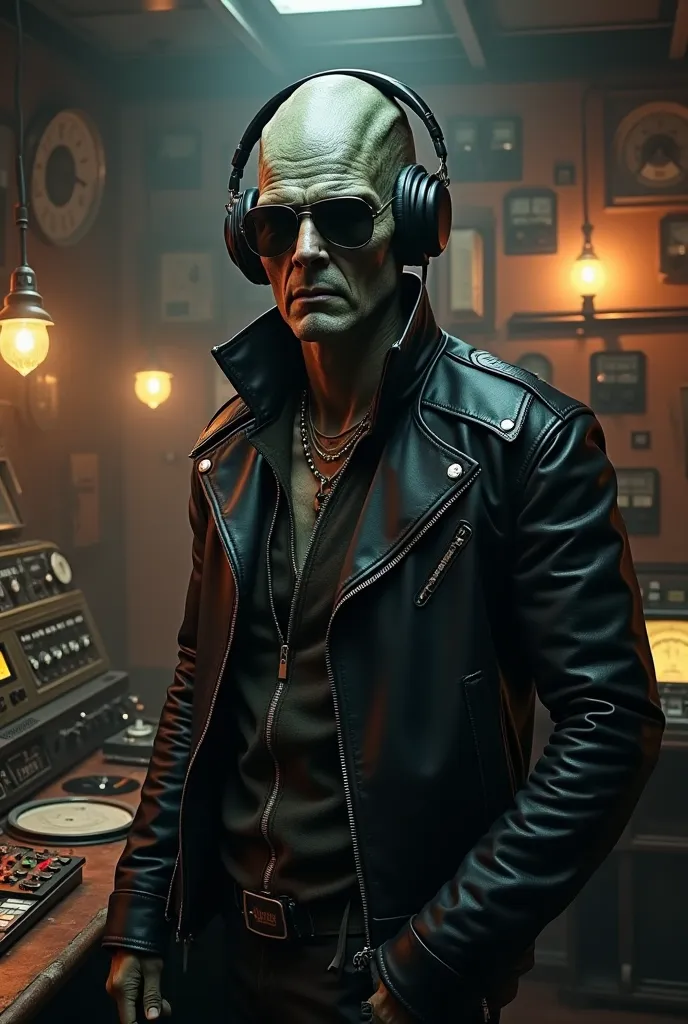 Realistic, tough-looking gray alien with dark glasses and announcer headphones and leather jacket standing in a creepy radio studio, ready to broadcast 