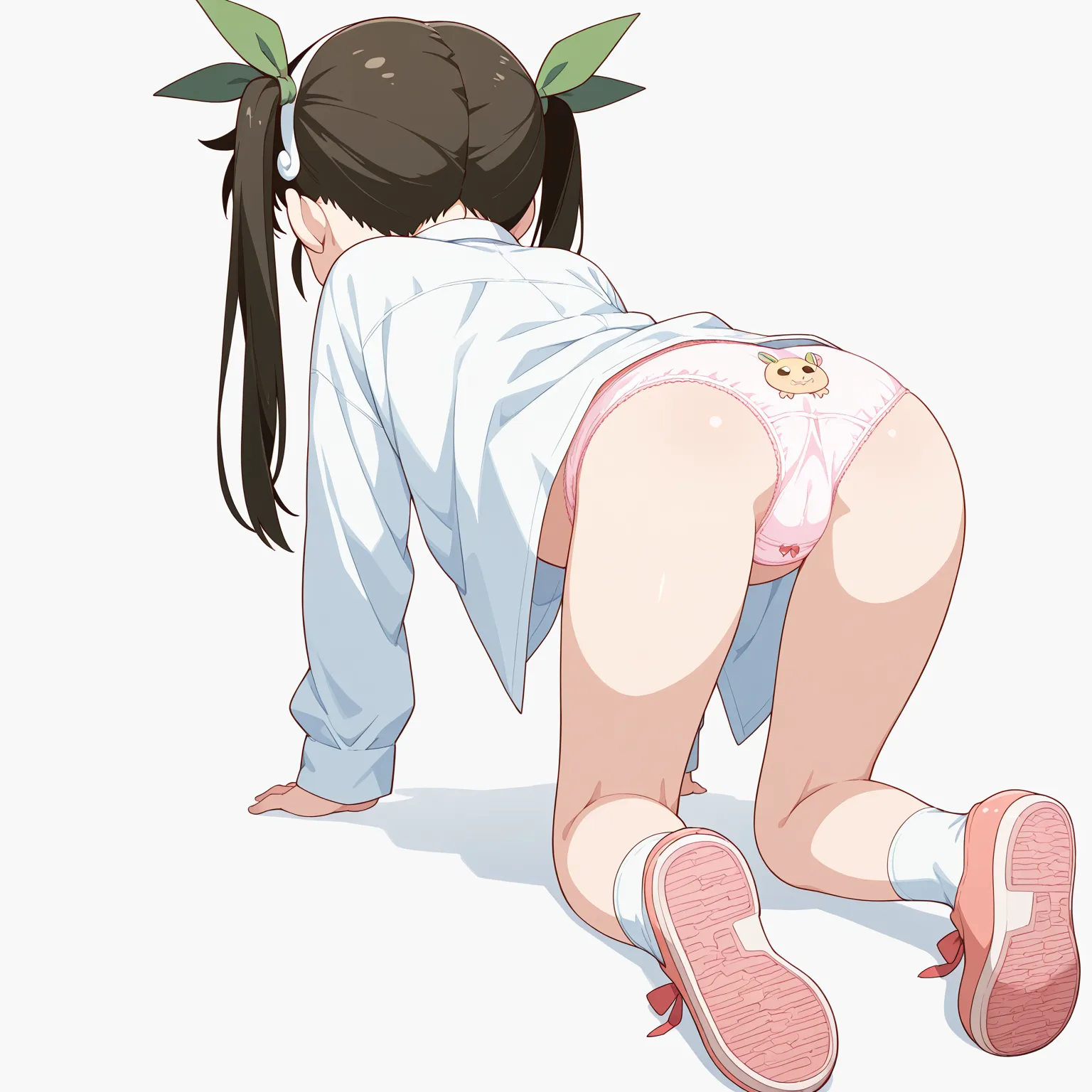 masterpiece, illustration, (stylized:1.4), (simplified:1.4), (smooth:1.4), official style, back view, simple background, white background, hachikuji mayoi \(bakemonogatari\), toddler, solo, all fours, open business shirt, bottomless, cute panties, socks, s...