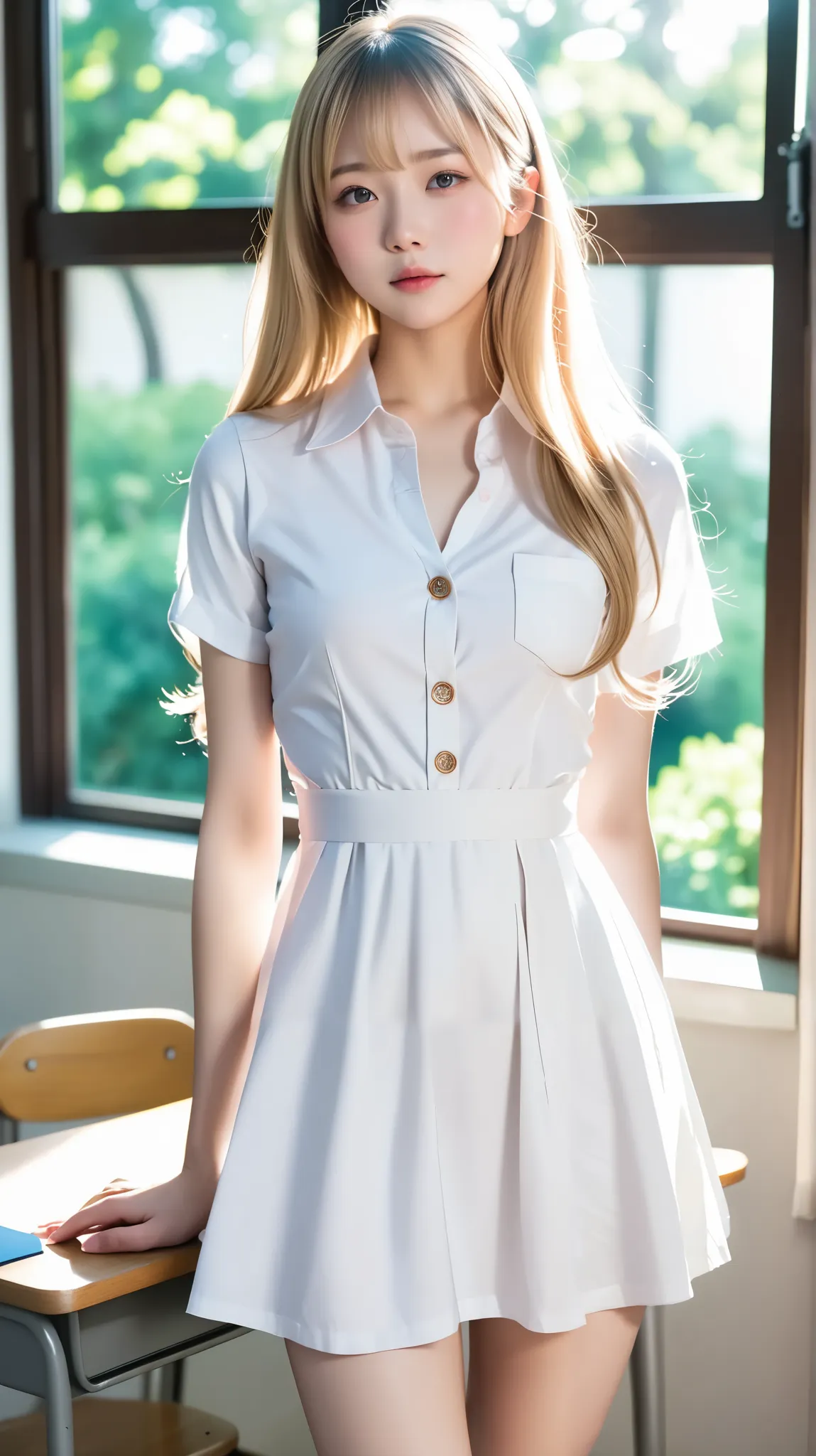 A beautiful 18 year old young Japanese girl ((pale skin, Tall、thin, Long straight blonde hair)) 
wear: Opened her full length button down dress, Linen dress, Pressing the buttons of her dress, WHITE THIGH HIGH SOCKS
very small breasts,  Highly detailed fac...