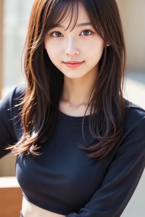 The face is positioned exactly in the center of the image , 's entire head is fully reflected , Face clearly visible、 black sweater, car, long hair caught in a hole、bungs, smile, young and cute japanese face , Official Art, high image quality CG Unity 8k w...