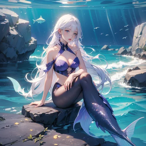 a mermaid, half human on top, and half fish on the bottom. Long white hair, lilac eyes, human appearance, purple tail. She is sitting on a rock in the middle of the ocean, combing her hair and singing