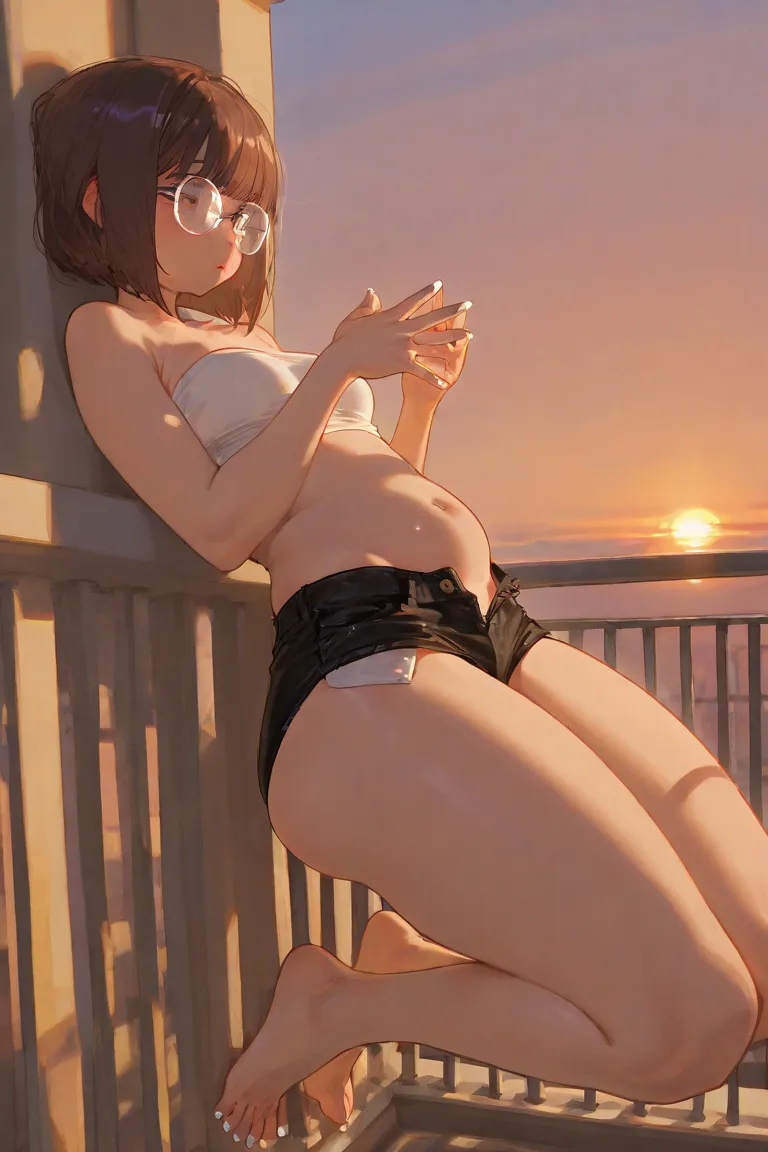  a age girl , wears transparent glasses, long bob brown hair,  up to the shoulders ,  red cheeks ,  outlined on the eyes, soft medium breasts, Big thighs, (((she wears a tight white strapless top, you can see her belly, wear very tight and unbuttoned short...