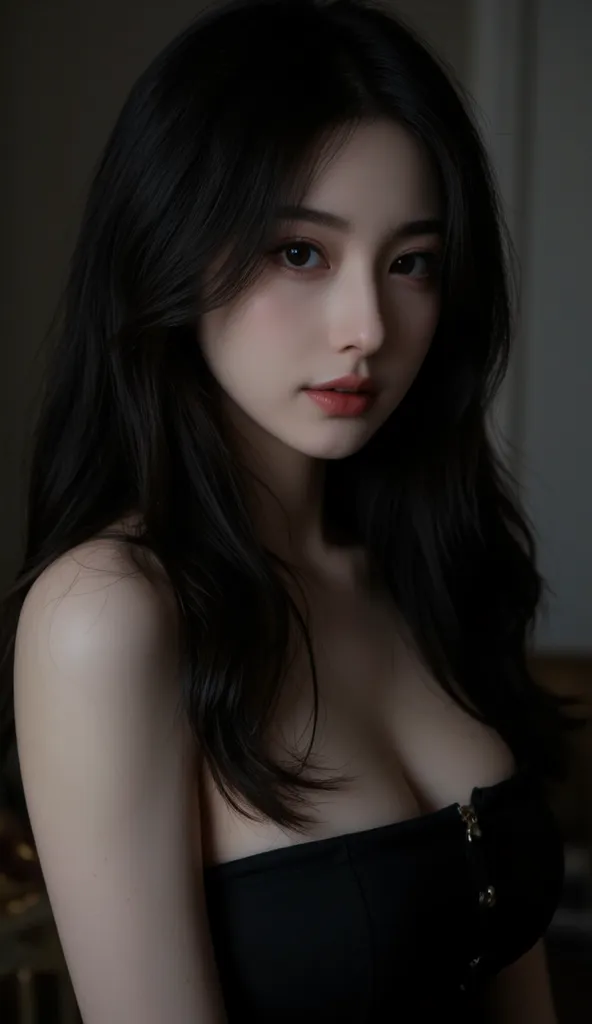 The image is a photorealistic portrait of a stunning young woman, characterized by her porcelain-white skin and deep, jet-black hair that cascades elegantly around her shoulders. Her captivating dark eyes are framed by long, thick lashes, drawing the viewe...