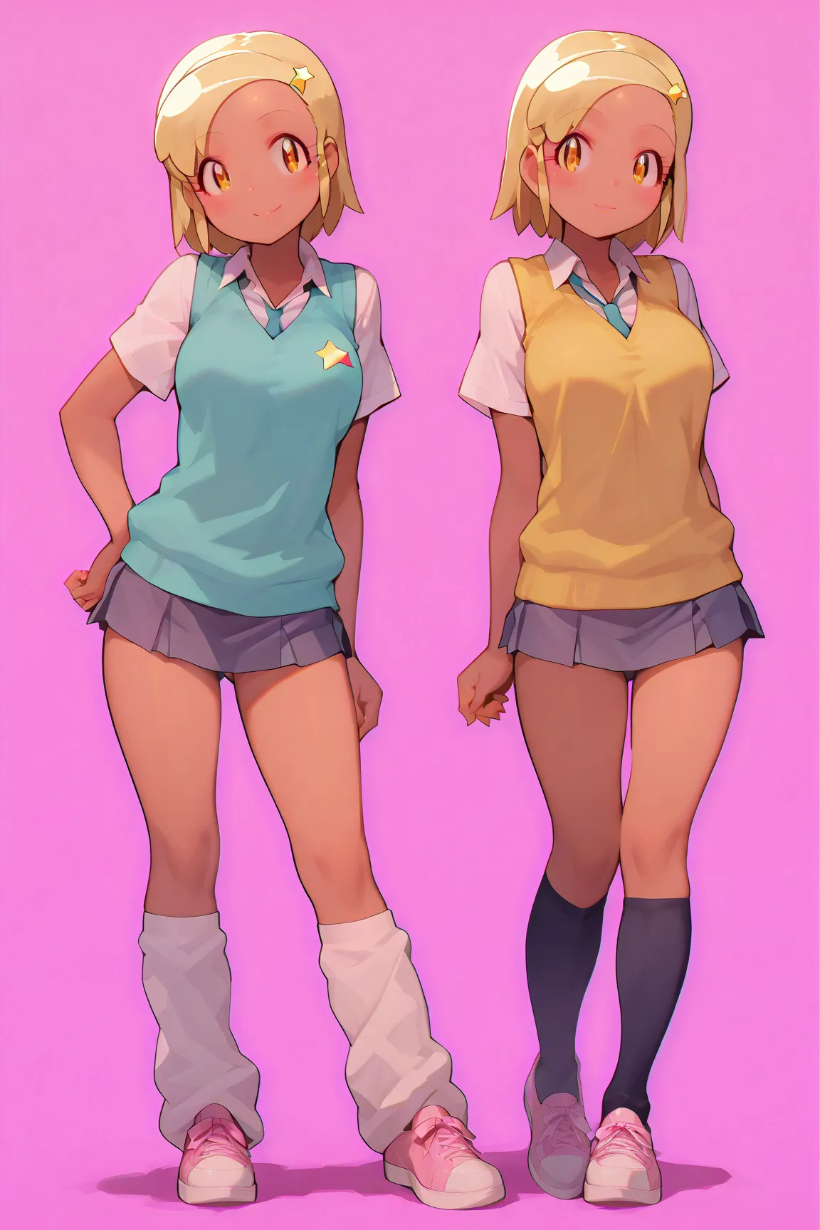 masterpiece,nfsw,  High Definition , best quality,8k,
((Angol Mois  -keroro gunsou))
, short  blonde hair, dark skin,  gyaru,  star hair ornament, orange eyes, school uniform,sweater vest,
,
, fullbody