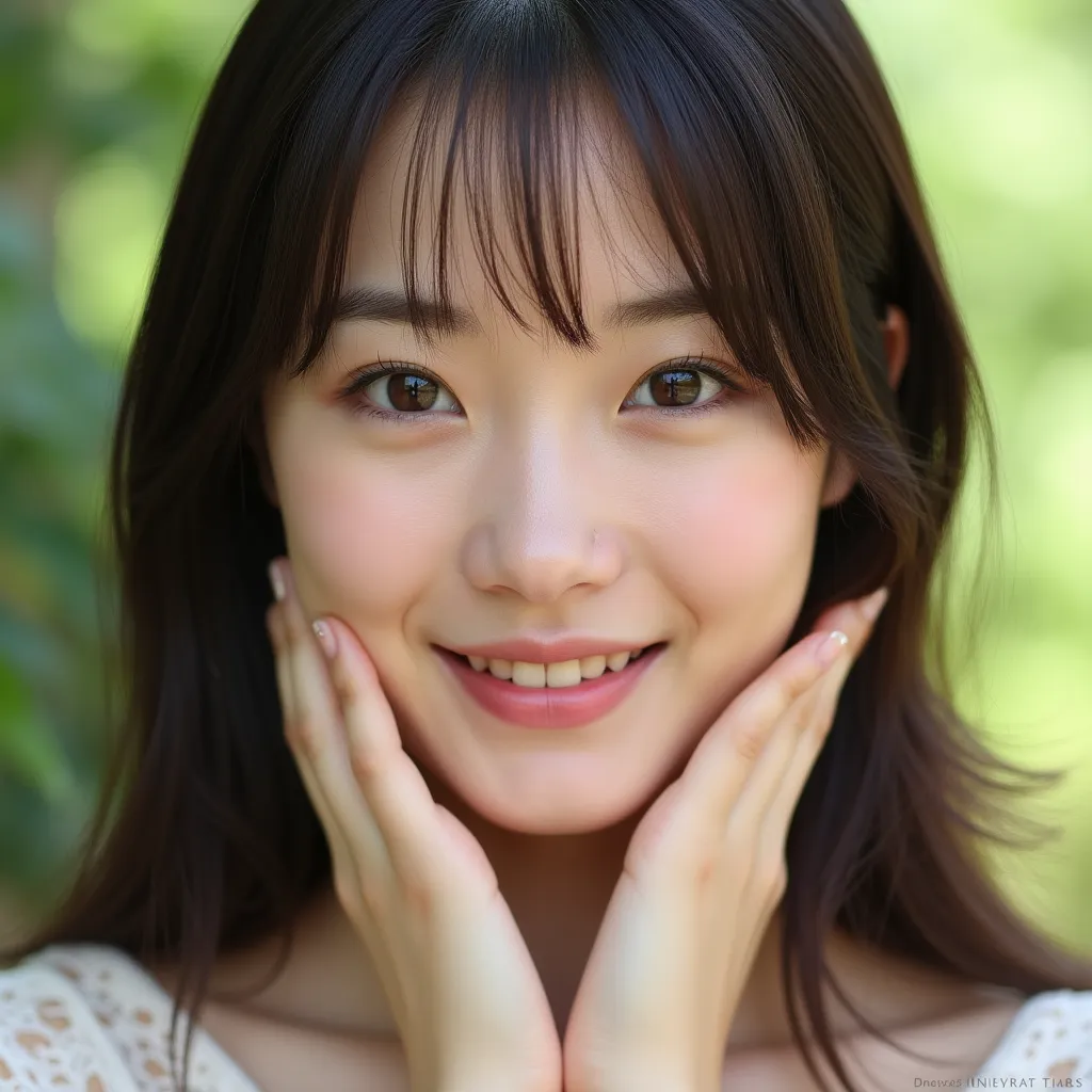 Front view, face only ,Japanese cute woman, adulty face, No 1 Japanese Actress, 20-age, dark brown hair, middle hair, fringe, beautiful brown eyes, smile, natural lighting,（super detailed, High Details , High Quality , Accurate, anatomically correct , text...