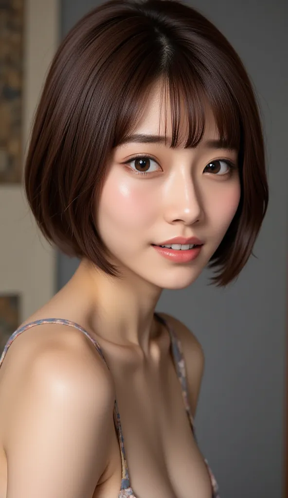 hairstyle like a black helmet,with bangs,My bangs are very short,in beautiful image quality,realistic portraits,portrait,close-up,upper body,serious expression,quiet atmosphere,Delicate skin,Thick hair, Exquisite Makeup ,messy fine texture,Ultimate Realism...