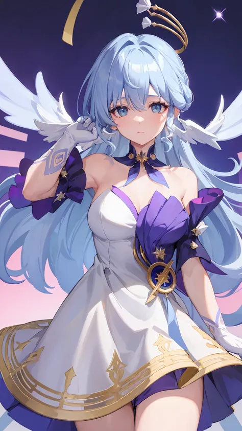 Robin, a girl,(blue hair:1.0),bare shoulders pose,halo, white gloves,earrings,white dress,off-the-shoulder dress,Head wings ,high quality,purple dress, separated sleeves ,clavicle,( virtual youtuber:0),, (masterpiece,the best quality,high quality:1.4), abs...