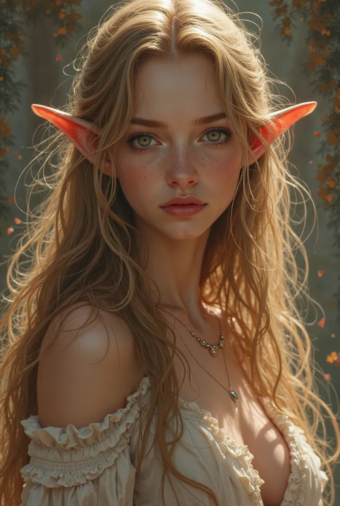 Fearful woman, Long light brown hair almost blonde, ears slanted at the tip like an elf and small,  fair and tanned skin , 1,70m high, Delicate appearance wearing clothes as clear as your skin, brown eyes, Farts on the face, art style guweiz