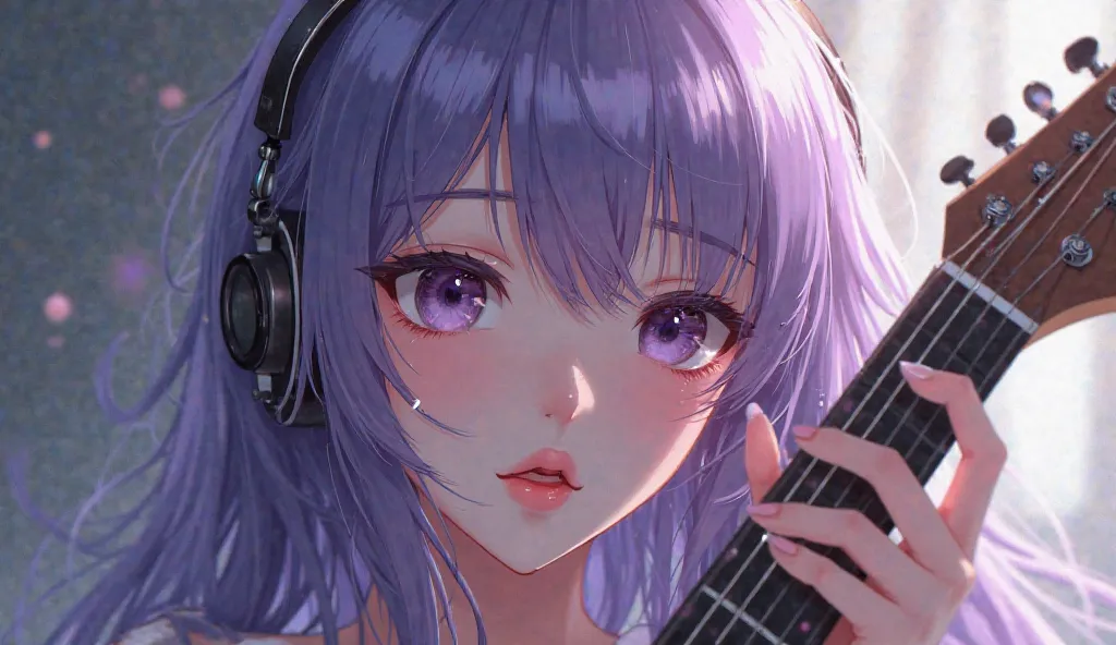 long hair, open your mouth slightly, headphones, have twinkling eyes, violet hair　older sister　 beauty　electric guitar　, anime, tears,Smile