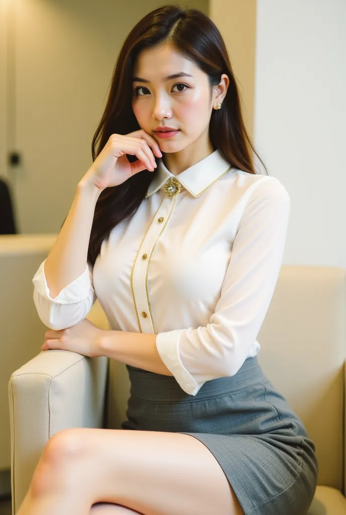 a young woman seated on a light-colored chair in an indoor setting, likely an office or lounge. She has long, dark hair styled neatly, and her expression is poised and confident. She is dressed in a professional yet stylish outfit, consisting of a white bl...