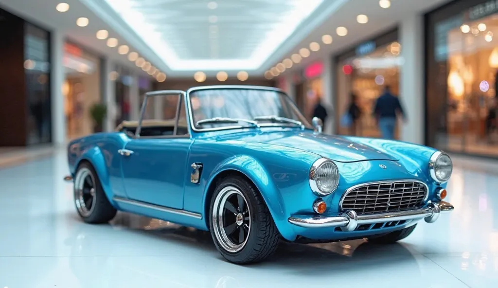 A frint view photo of a  scale blue2025 fiat 1100  with a sleek, full modified, modern design. The car is parked on a white surface. The background is a shopping mall with white lights. The photo reveals the luxurious interior. The overall ambiance is slee...