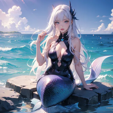 a mermaid, half human on top, and half fish on the bottom. Long white hair, lilac eyes, human appearance, purple tail. She is sitting on a rock in the middle of the ocean, combing her hair and singing