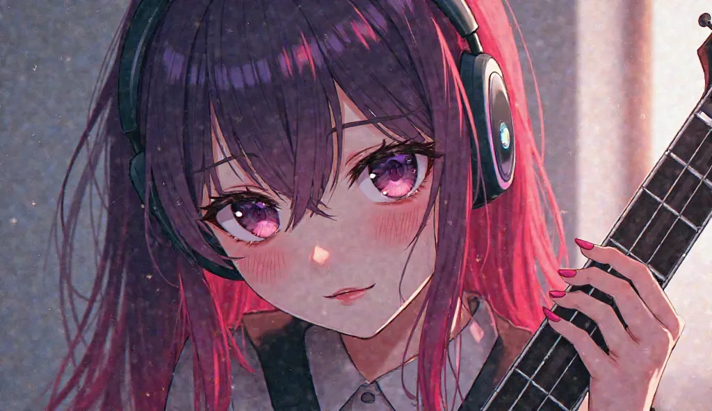 long hair, open your mouth slightly, headphones, have twinkling eyes, Red and purple hair 　older sister　 beauty　electric guitar　, anime, tears,Smile