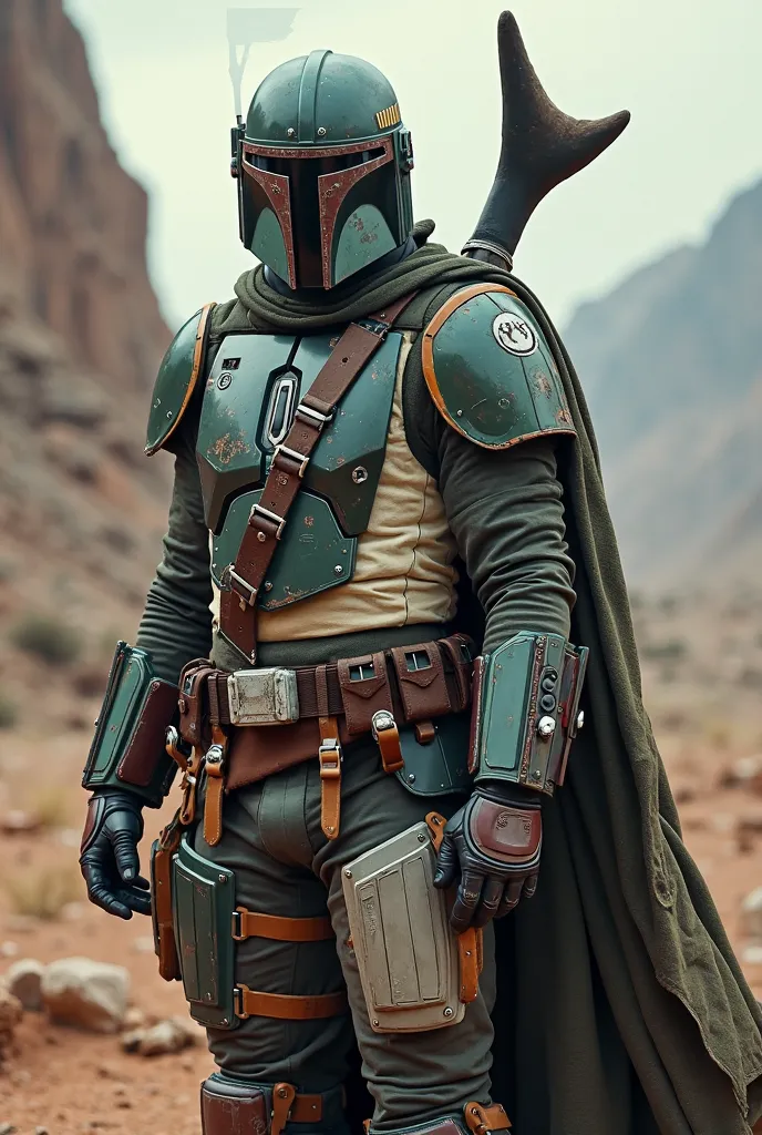 Distressed green mandalorian with hunting trophies around the waist and armour with grey details