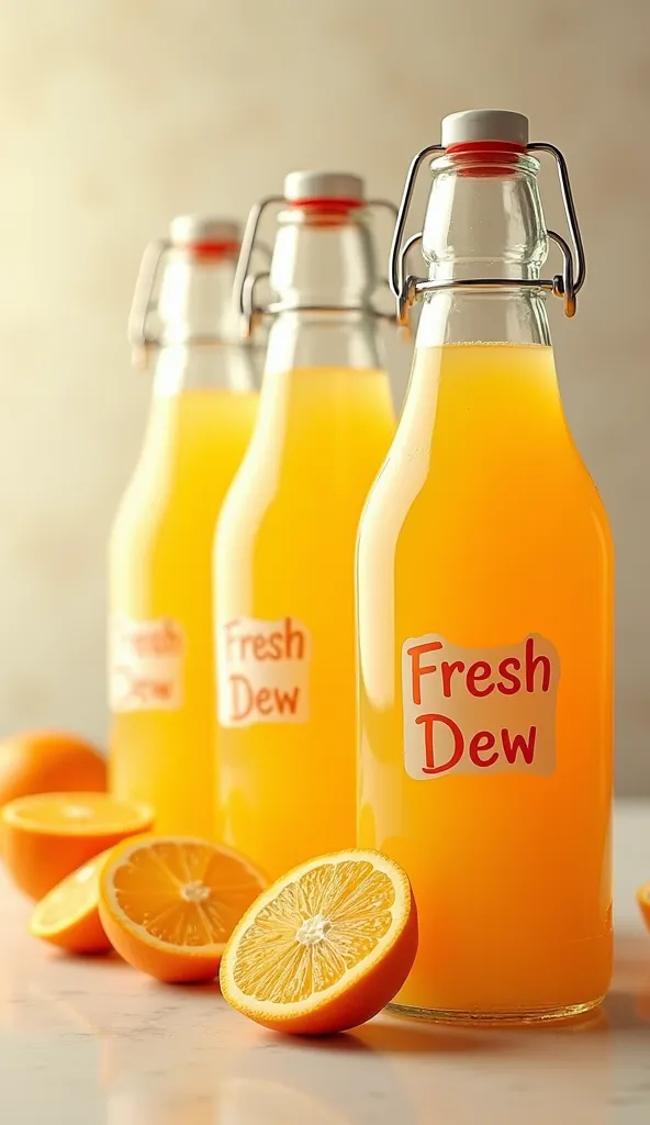 super photorealistic image, three unique glass bottles has modern design features containing cool and fresh orange juice arranged in a sliding way and several orange slices cut in front of the bottle. The bottle has a label wrote "Fresh Dew" stick on the b...